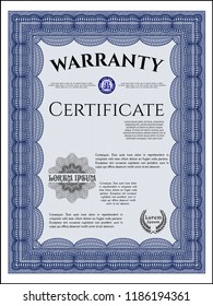 Blue Formal Warranty Certificate template. With guilloche pattern and background. Detailed. Cordial design. 