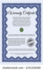 Blue Formal Warranty Certificate template. Perfect design. Complex background. Vector illustration. 