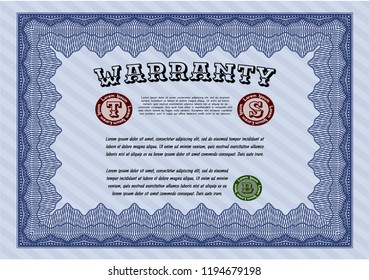 Blue Formal Warranty Certificate template. Printer friendly. Money design. Customizable, Easy to edit and change colors. 