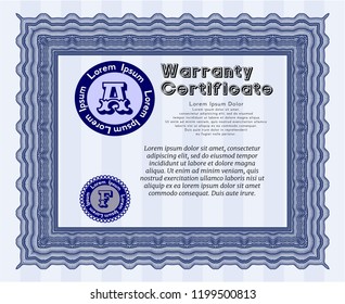 Blue Formal Warranty Certificate template. With guilloche pattern. Detailed. Good design. 