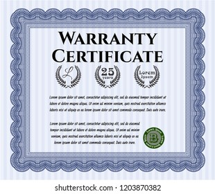 Blue Formal Warranty Certificate template. Money design. Vector illustration. With guilloche pattern. 