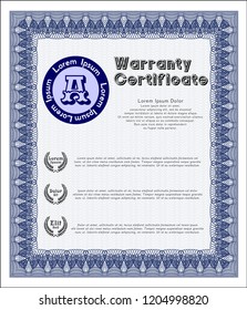 Blue Formal Warranty Certificate template. Lovely design. Customizable, Easy to edit and change colors. With linear background. 