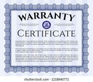 Blue Formal Warranty Certificate template. Superior design. Vector illustration. With complex linear background. 