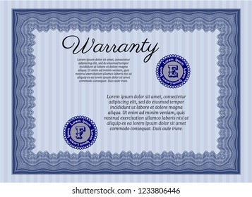 Blue Formal Warranty Certificate template. Detailed. Printer friendly. Sophisticated design. 