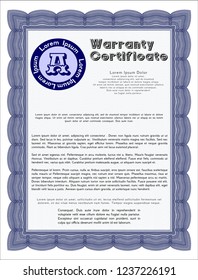 Blue Formal Warranty Certificate template. With background. Vector illustration. Money design. 