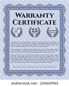 Blue Formal Warranty Certificate template. Artistry design. Vector illustration. Complex background. 
