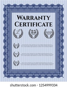Blue Formal Warranty Certificate template. With great quality guilloche pattern. Vector illustration. Cordial design. 