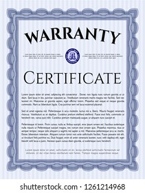 Blue Formal Warranty Certificate template. Customizable, Easy to edit and change colors. With guilloche pattern and background. Elegant design. 