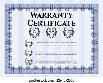 Blue Formal Warranty Certificate template. With guilloche pattern. Good design. Customizable, Easy to edit and change colors. 