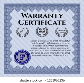 Blue Formal Warranty Certificate template. Detailed. With linear background. Beauty design. 