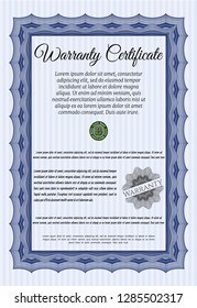 Blue Formal Warranty Certificate template. With guilloche pattern. Customizable, Easy to edit and change colors. Perfect design. 