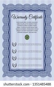 Blue Formal Warranty Certificate template. Printer friendly. Customizable, Easy to edit and change colors. Money Pattern. 
