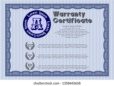 Blue Formal Warranty Certificate template. With guilloche pattern. Detailed. Money design. 