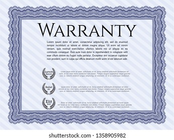 Blue Formal Warranty Certificate template. With great quality guilloche pattern. Money style design. Detailed. 