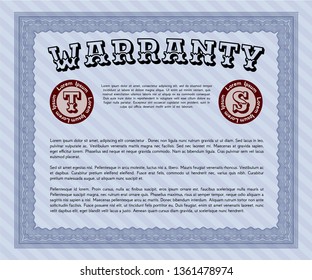 Blue Formal Warranty Certificate template. Elegant design. Vector illustration. With guilloche pattern. 