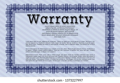 Blue Formal Warranty Certificate template. Money design. Vector illustration. With linear background. 