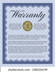Blue Formal Warranty Certificate template. Money design. With guilloche pattern and background. Detailed. 