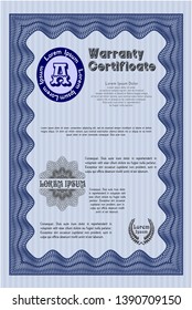 Blue Formal Warranty Certificate template. Artistry design. Vector illustration. With complex linear background. 