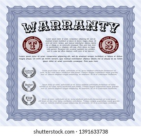 Blue Formal Warranty Certificate template. Detailed. With complex linear background. Excellent design. 