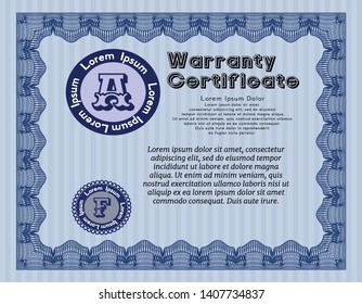 Blue Formal Warranty Certificate template. Good design. Customizable, Easy to edit and change colors. With guilloche pattern and background. 