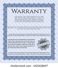 Blue Formal Warranty Certificate template. Nice design. Vector illustration. With linear background. 