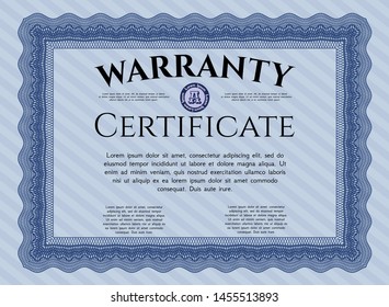 Blue Formal Warranty Certificate template. Complex background. Elegant design. Vector illustration. 