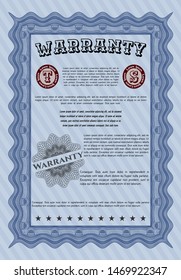 Blue Formal Warranty Certificate template. With guilloche pattern and background. Nice design. Customizable, Easy to edit and change colors. 