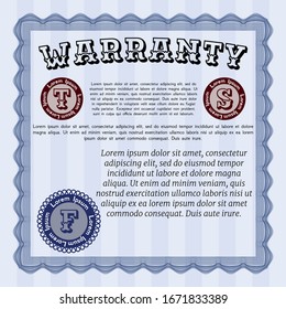 Blue Formal Warranty Certificate template. Easy to print. Detailed. Money design. 