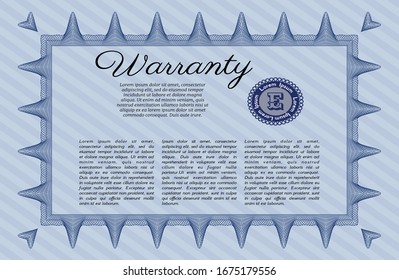 Blue Formal Warranty Certificate template. Printer friendly. Vector illustration. Money style design. 