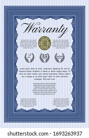 Blue Formal Warranty Certificate template. Perfect design. Customizable, Easy to edit and change colors. With great quality guilloche pattern. 