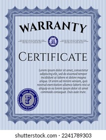 Blue Formal Warranty Certificate template. Money Pattern.  Easy to print.  Customizable, Easy to edit and change colors. 