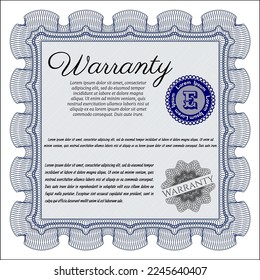 Blue Formal Warranty Certificate template. Money Pattern.  With great quality guilloche pattern.  Vector illustration. 