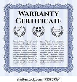Blue Formal Warranty Certificate template. Detailed. With guilloche pattern and background. Sophisticated design. 