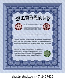 Blue Formal Warranty Certificate template. With great quality guilloche pattern. Elegant design. Detailed. 