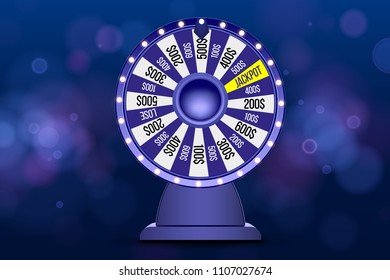 Blue fortune wheel 3d object on abstract defocused circular blue bokeh background. Wheel of luck.