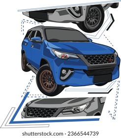 Blue Fortuner Sports Car Graphic vector illustration, suitable for T-shirt design, community Logo, poster design, etc
