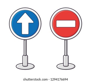 Blue forward direction arrow and no entry traffic sign isolated