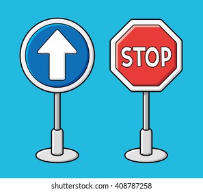 Blue forward direction arrow and stop traffic sign illustration.