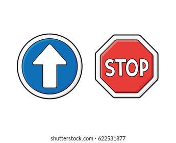 Blue forward direction arrow and stop traffic signs vector isolated.