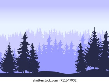 A blue forzen winter deep forest landscape with silhouettes of pine trees.