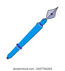 Caneta azul fonte, ícone vetorial. Ferramenta vintage para caligrafia, caligrafia, assinatura de documentos, desenho. Papelaria para a escola, escritório. Lápis de tinta. Ilustração plana desenhada à mão isolada em branco