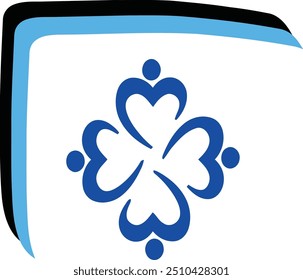 Blue four leaf clover in black and blue frame, suitable for  holiday cards, luck themed graphics, and celebrations.