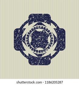 Blue four leaf clover icon inside distress rubber stamp with grunge texture