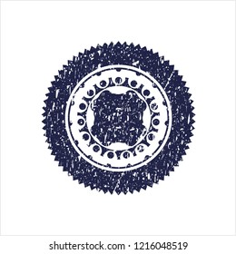 Blue four leaf clover icon inside rubber seal with grunge texture