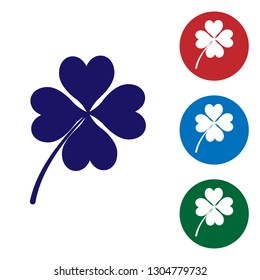 Blue Four leaf clover icon isolated on white background. Happy Saint Patrick day. Set color icon in circle buttons. Vector Illustration