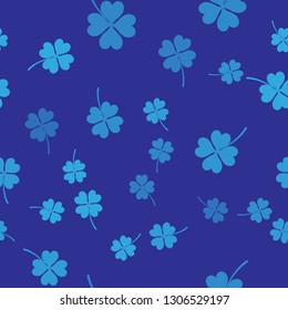 Blue Four leaf clover icon isolated seamless pattern on blue background. Happy Saint Patrick day. Vector Illustration