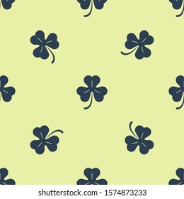 Blue Four leaf clover icon isolated seamless pattern on yellow background. Happy Saint Patrick day.  Vector Illustration