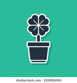 Blue Four leaf clover in pot icon isolated on green background. Happy Saint Patrick day.  Vector Illustration