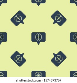 Blue Four leaf clover in speech bubble icon isolated seamless pattern on yellow background. Happy Saint Patrick day.  Vector Illustration