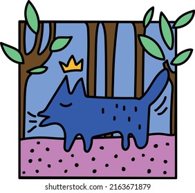 The blue fox with crown in forest in cartoon style